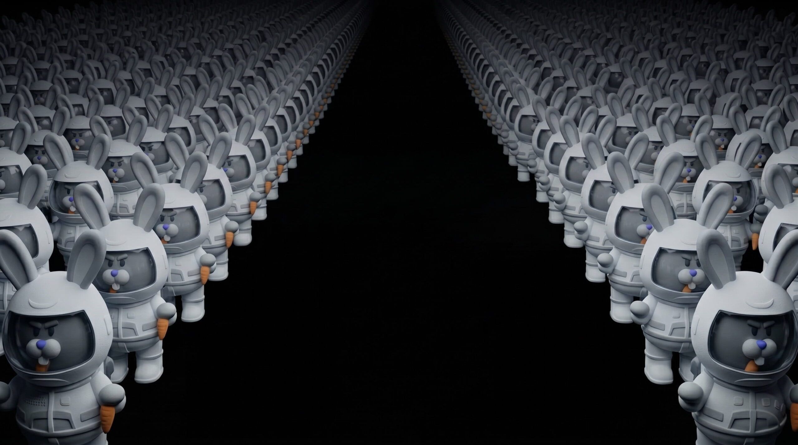 Rows of Carrot astronaut bunnies holding carrots, lined up along a dark corridor