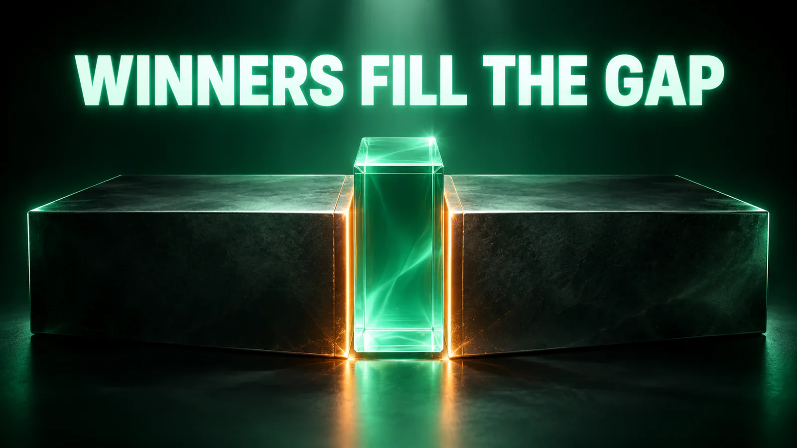 Green glass pillar fills the gap between two dark slabs under the glowing words WINNERS FILL THE GAP