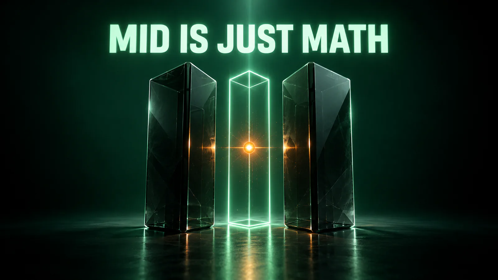 Two dark glass pillars flank a thin glowing glass pillar with an orange spark, under MID IS JUST MATH.