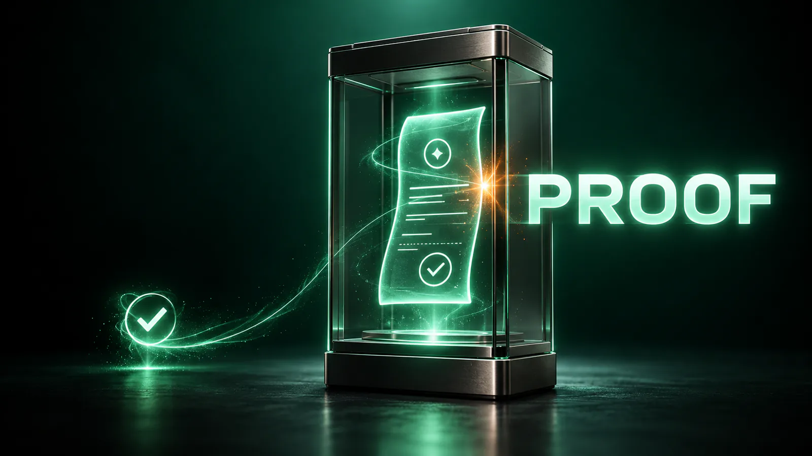 Glowing green document with check marks inside a glass display case, a check mark orb beside it, and the word PROOF