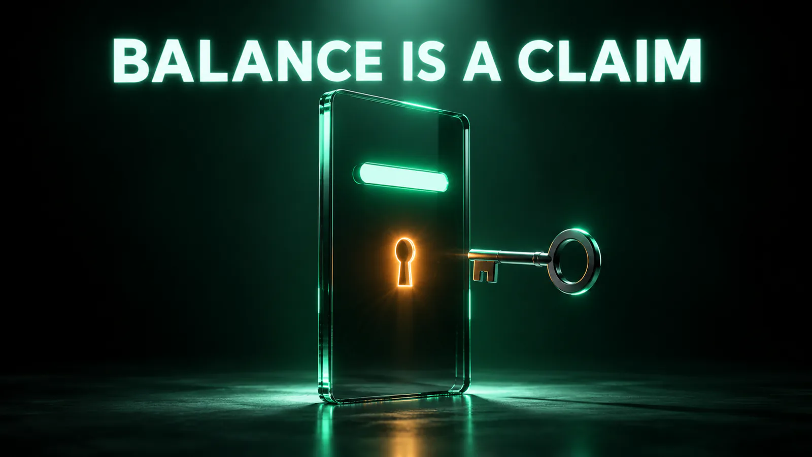 Glass card with a glowing keyhole and a metal key beside it, under the glowing words BALANCE IS A CLAIM