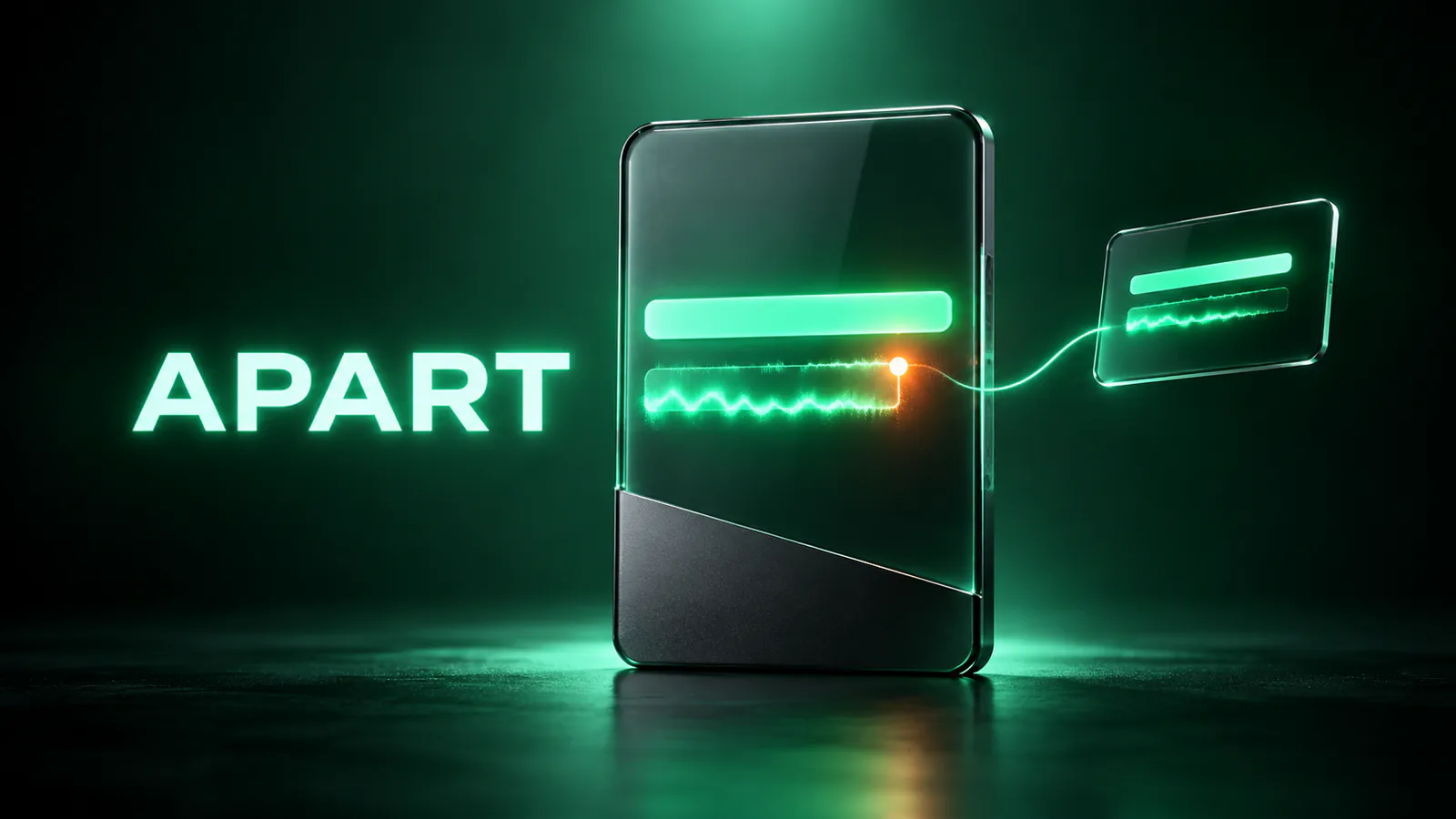 Upright glass panel with a solid green bar and a wavy green bar linked to a small card, beside the word APART