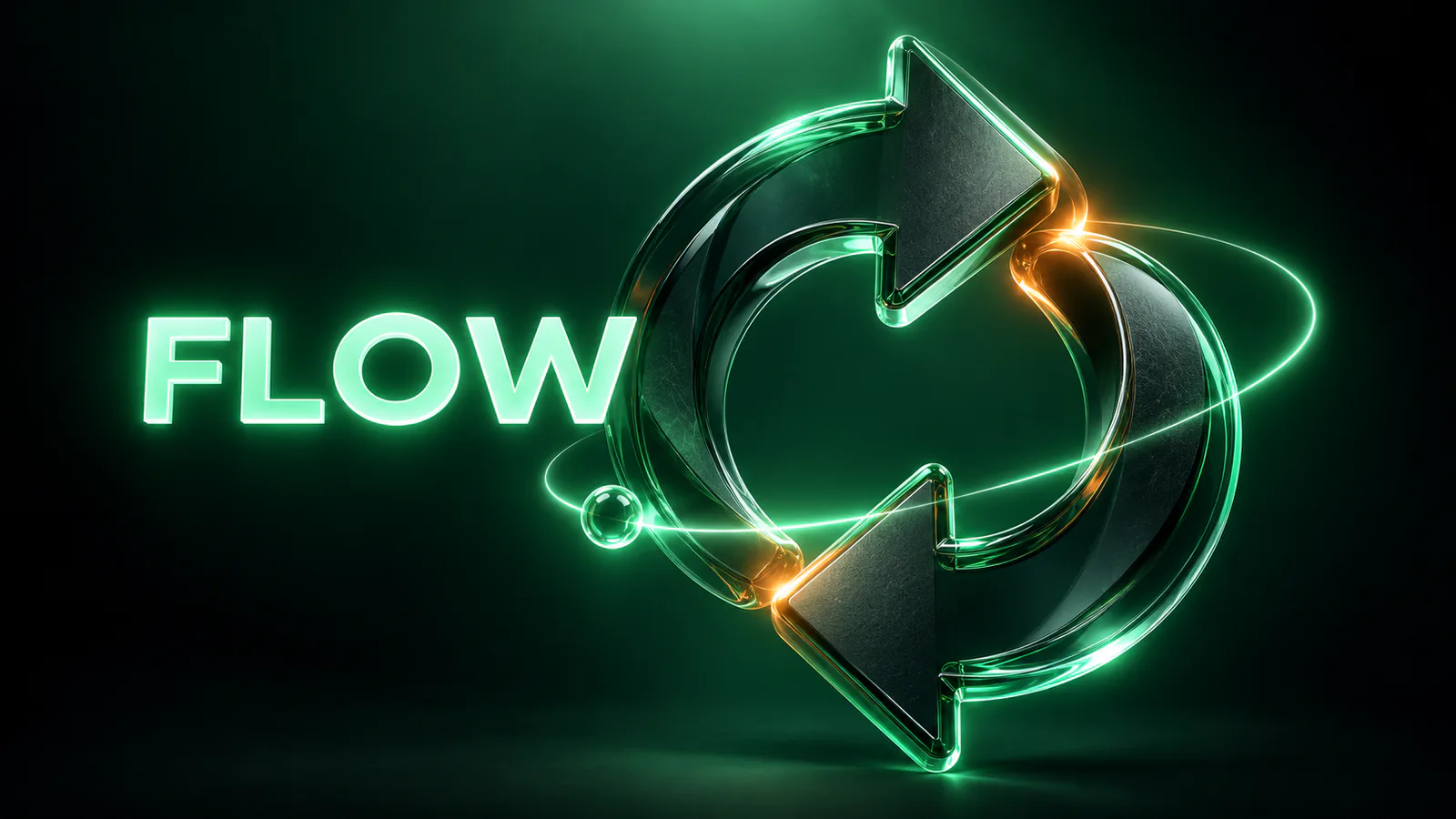 Two glass arrows forming a circular loop with an orbiting green band, next to the glowing word FLOW
