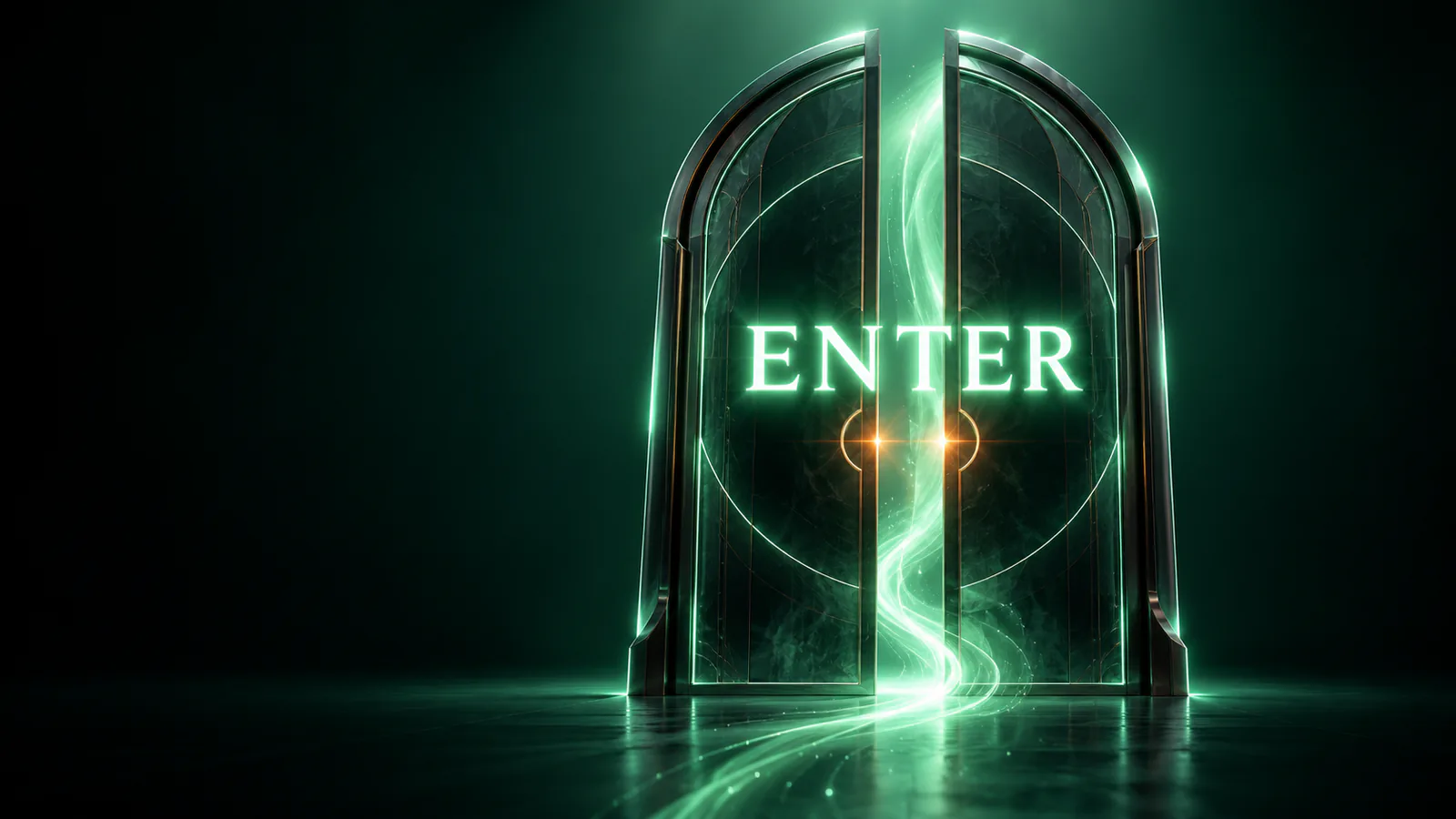 Tall arched glass doors with a green light stream between them and the glowing word ENTER across the door panels