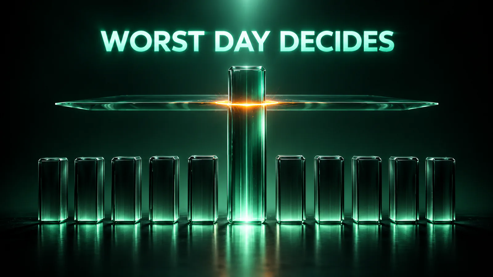 Row of glass pillars, the middle one tallest and crossed by a glowing bar, under the words WORST DAY DECIDES