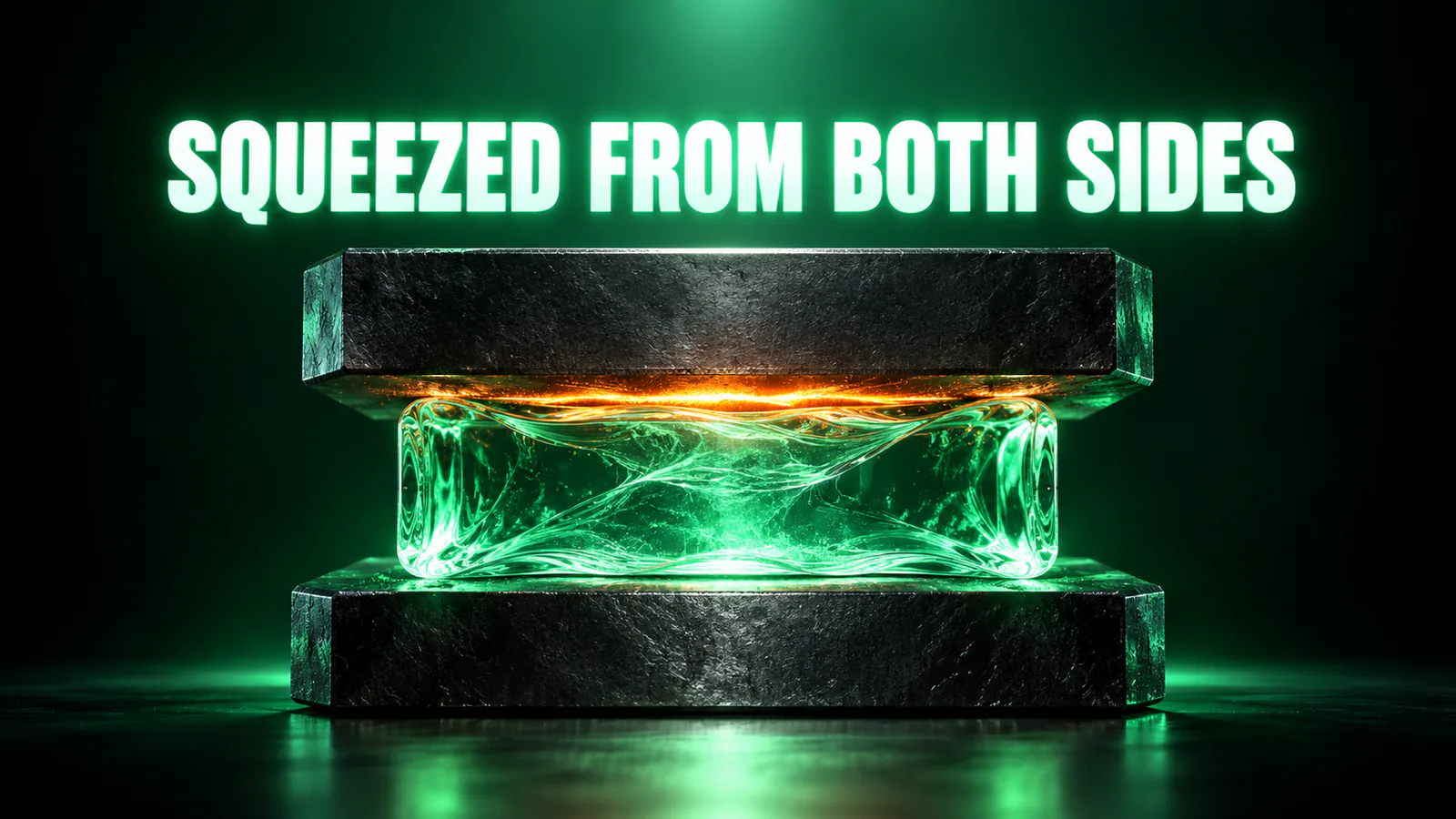 Green glass bar squeezed between two dark metal slabs under the glowing words SQUEEZED FROM BOTH SIDES