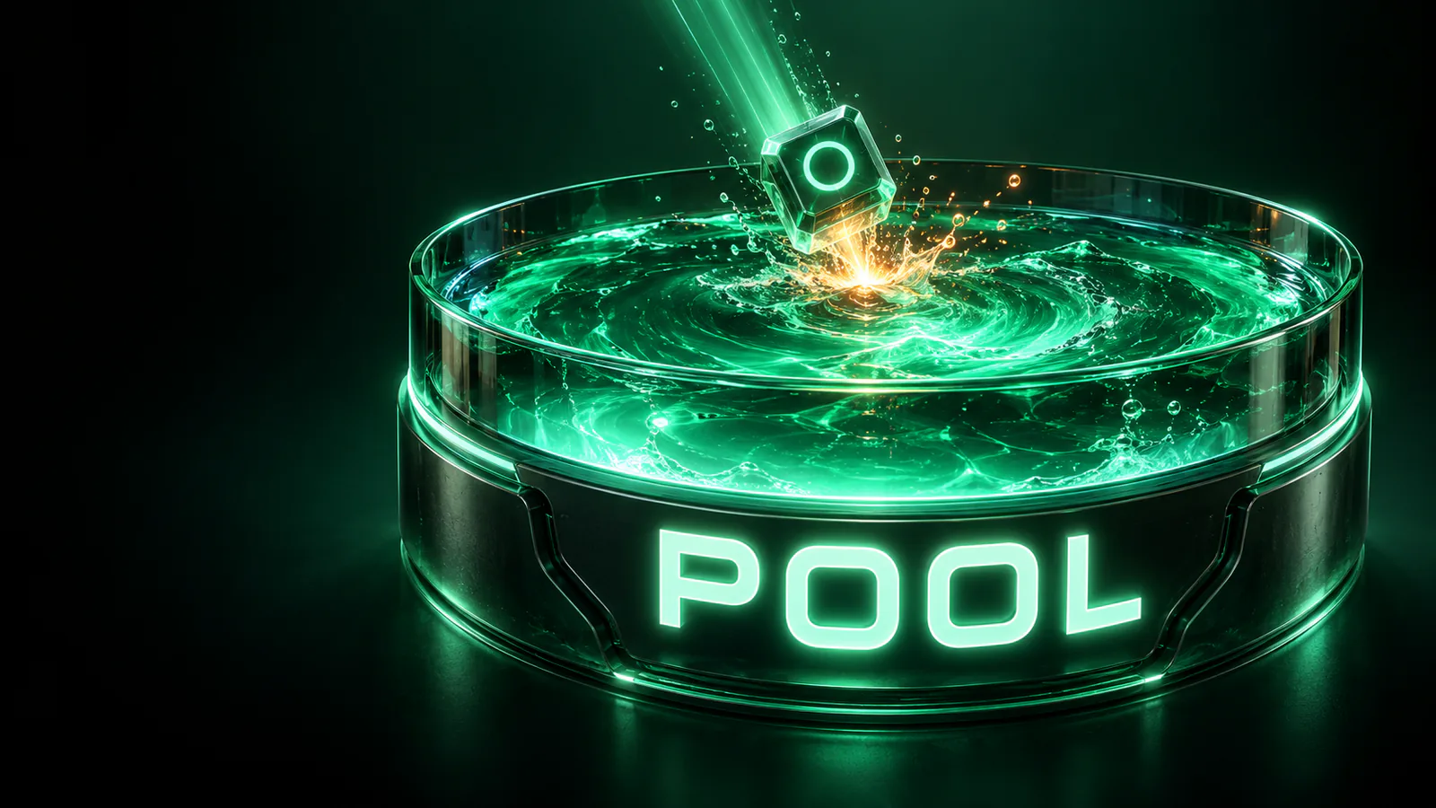 Glass cube with a round mark splashing into a round glowing green basin of rippling liquid, the word POOL on its front
