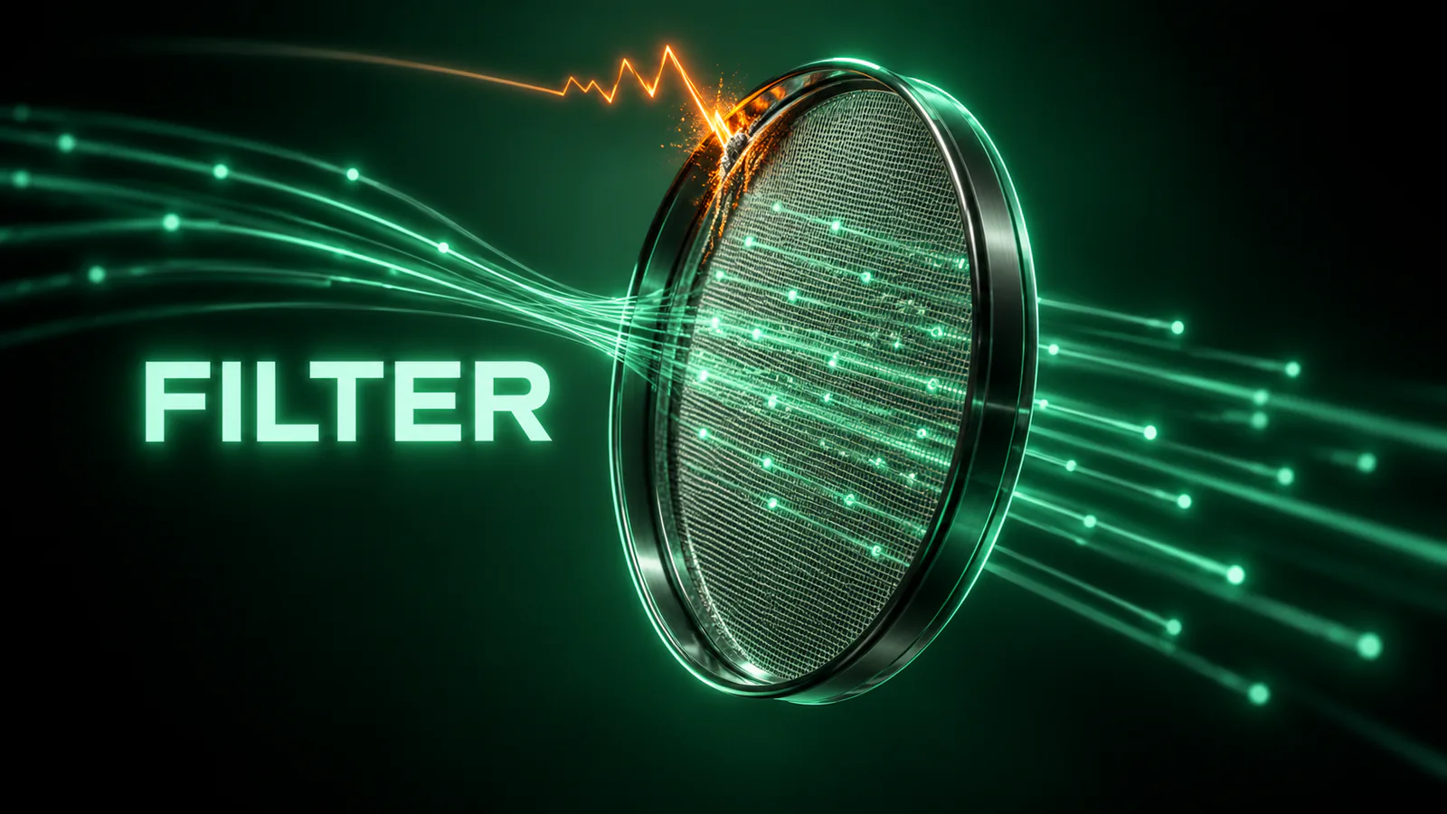 Round metal mesh sieve with green light streams passing through, an orange zigzag line stopped at its edge, the word FILTER