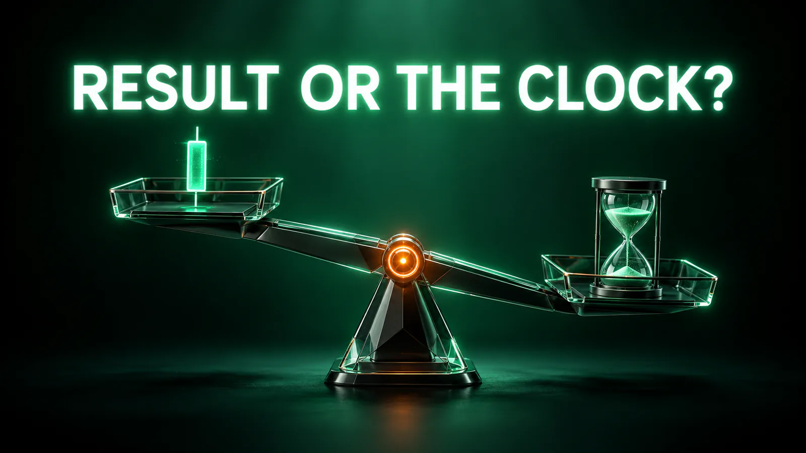 Glass balance tipped toward an hourglass, a green candle on the other side, under the words RESULT OR THE CLOCK?