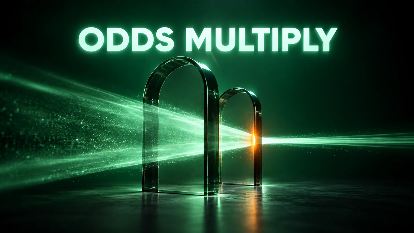 Two glass arches with a green light beam passing through, under the headline "ODDS MULTIPLY"