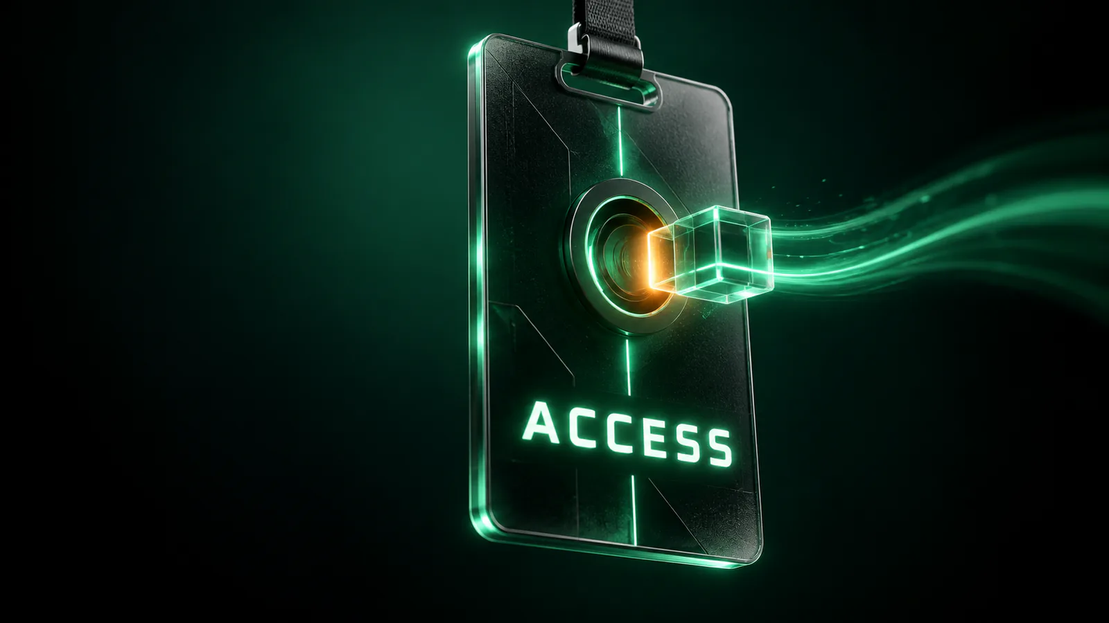 Dark glass ID badge on a black lanyard with the word ACCESS, a glass cube plugged into its center socket glowing orange