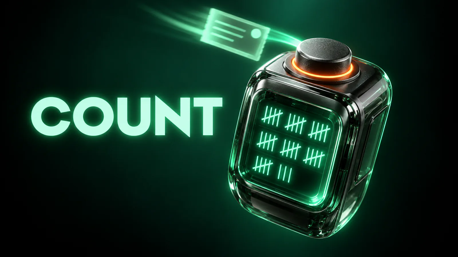 Glass counter with a dark orange-lit button and green tally marks, next to the glowing word COUNT