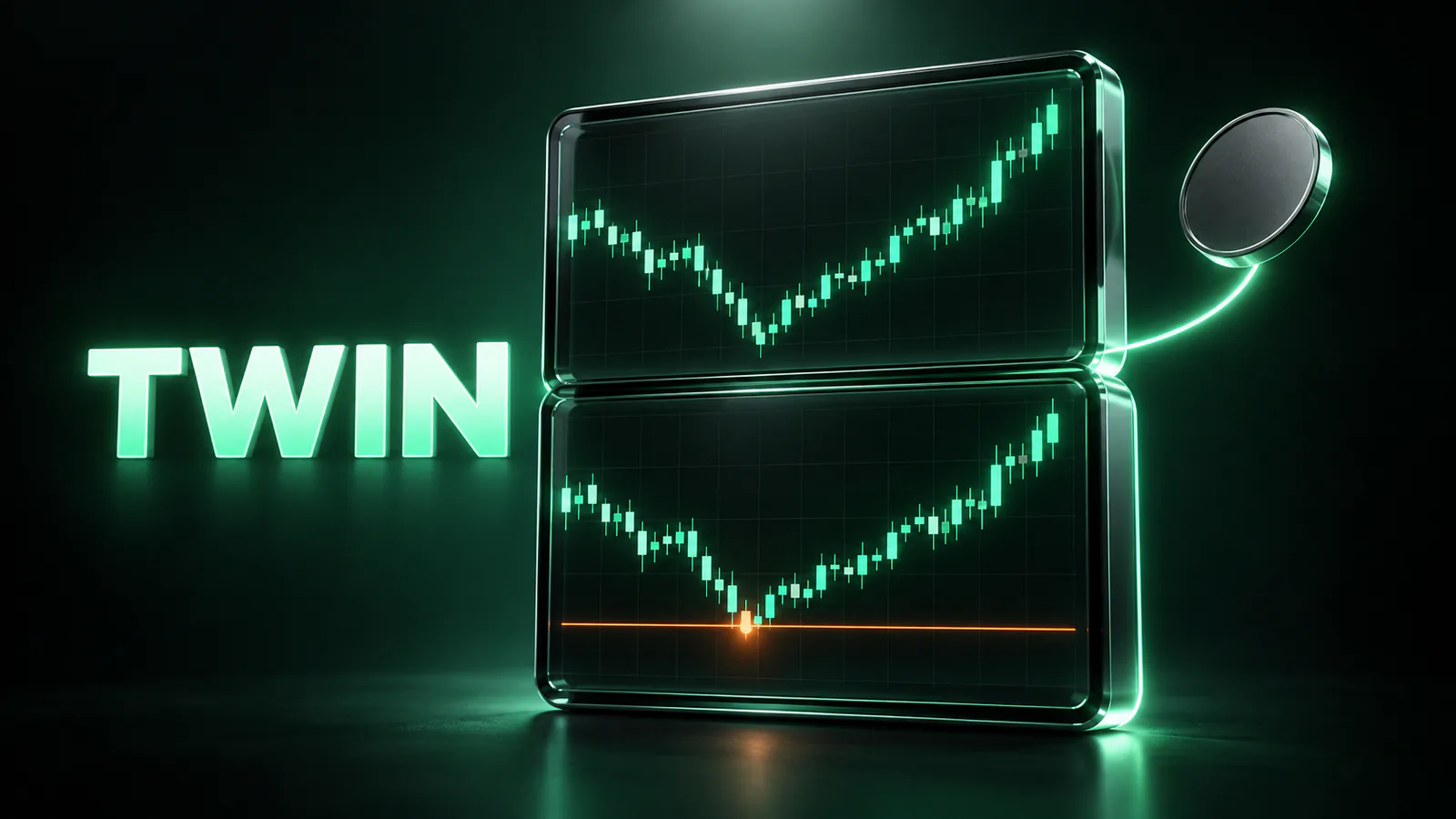 Two stacked glass screens show matching green candlestick charts beside the glowing word TWIN and a dark round disc