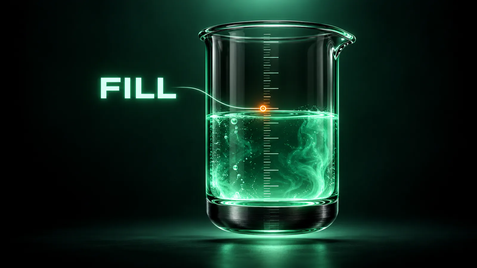 Glass beaker half filled with glowing green liquid and a measuring scale, linked by a thin line to the word FILL