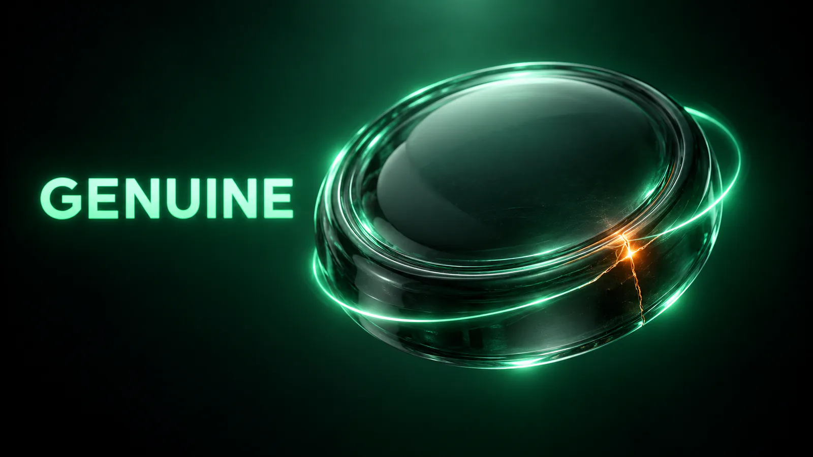 Round glass disc ringed by thin green light loops with a thin orange crack on its edge, the word GENUINE to its left