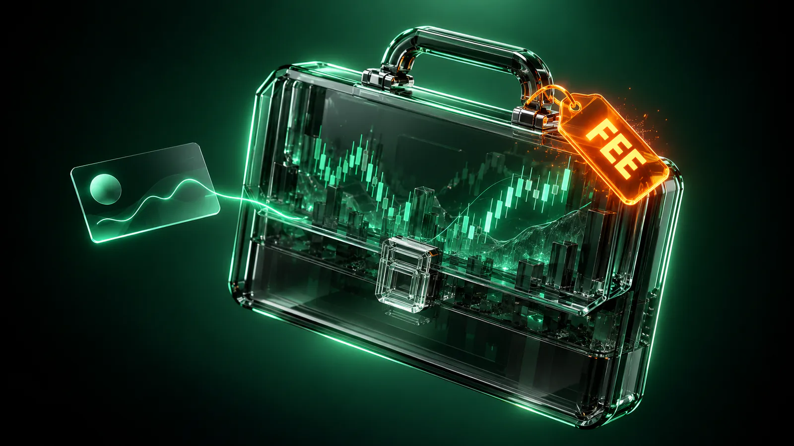 Glass briefcase with green candlestick charts inside, a glowing orange tag reading FEE on its handle, and a card beside it