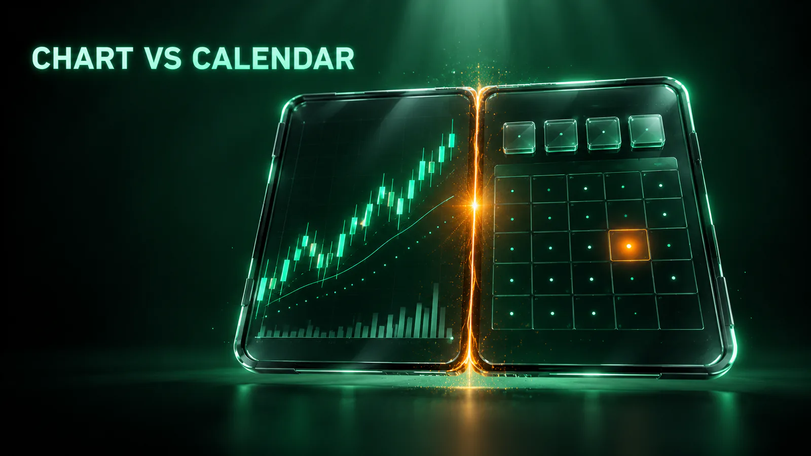 Split glass panel: candlestick chart on the left, calendar with one orange date on the right, headline CHART VS CALENDAR