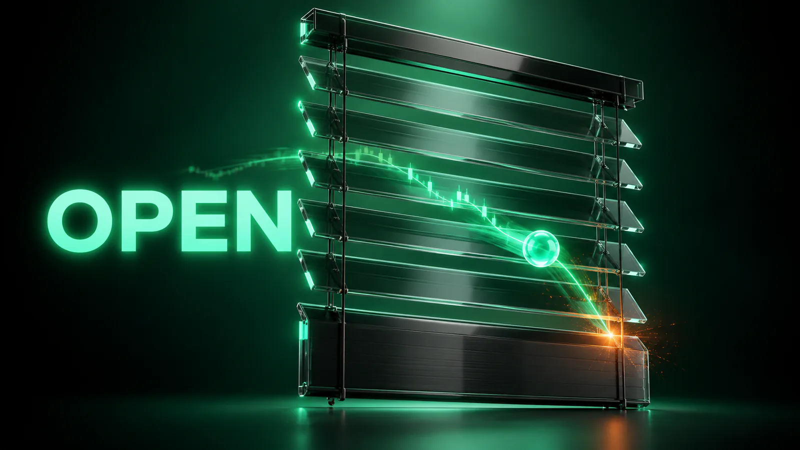 Dark glass venetian blind with open slats and a green candlestick line running through, beside the glowing word OPEN