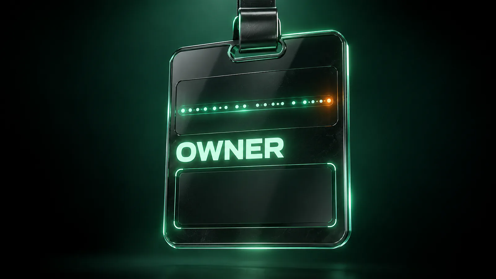 Dark glass name badge with a row of glowing dots above the glowing word OWNER and an empty name field below