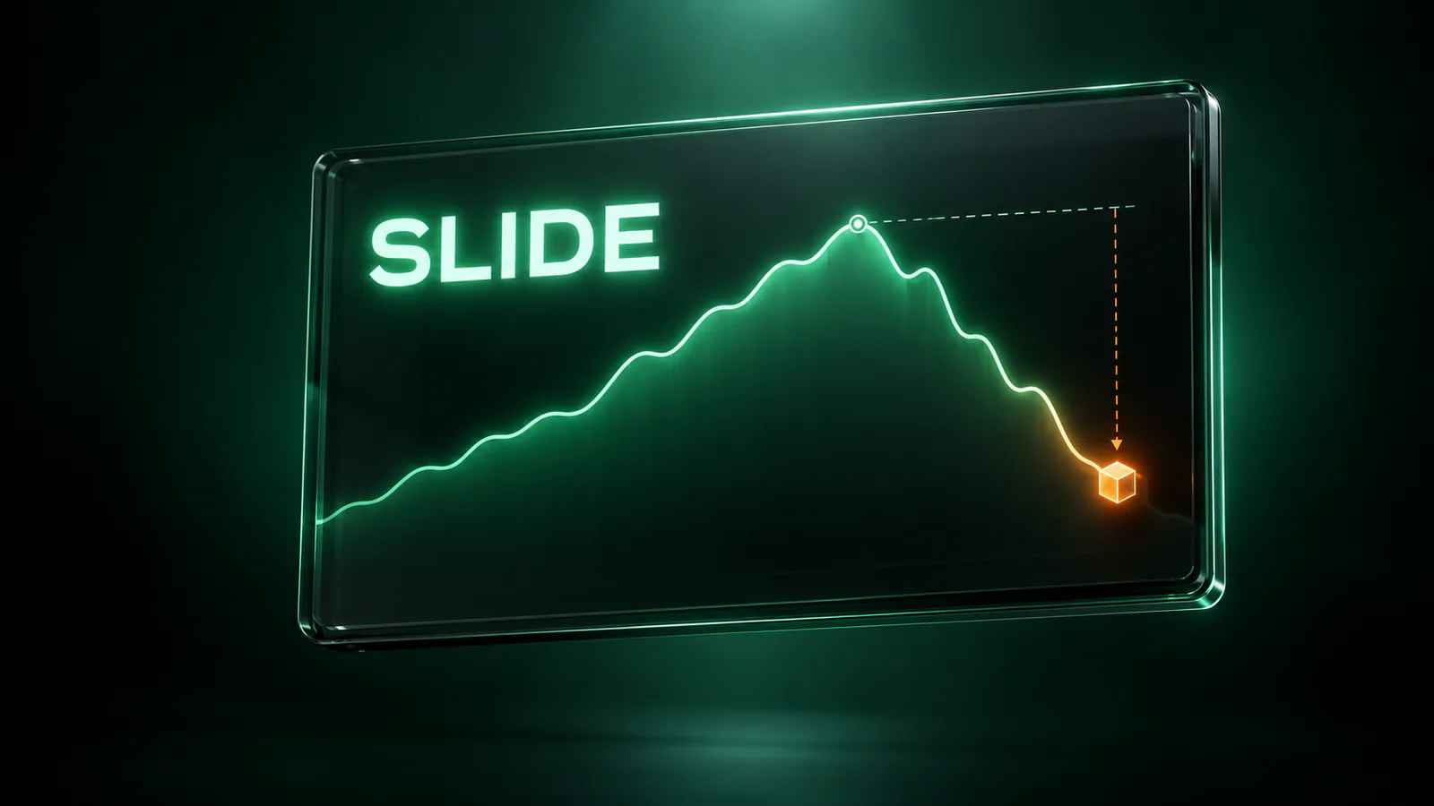 Glowing green price line on a glass panel falls from its peak to an orange cube, with the word SLIDE