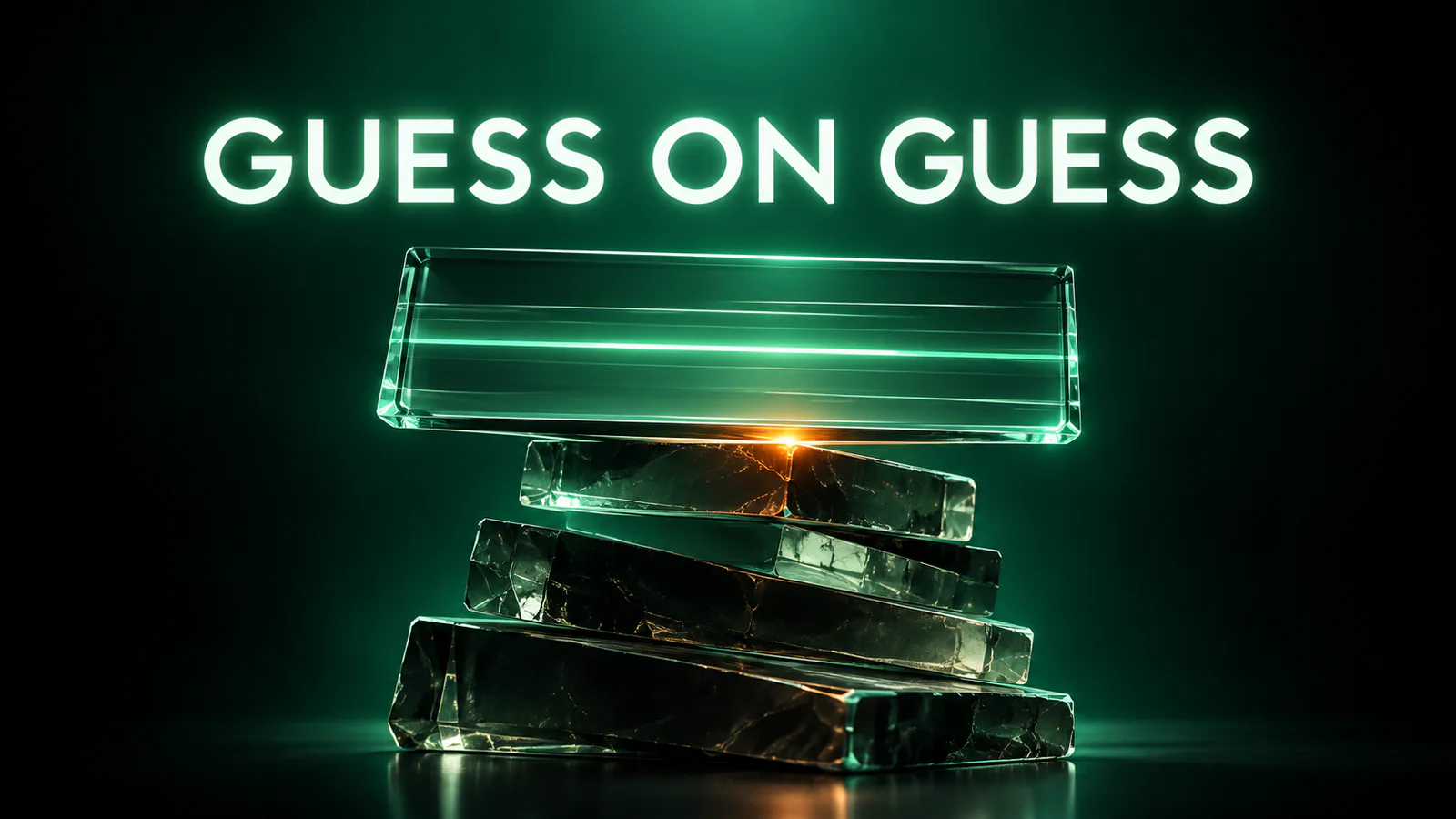 Stack of cracked dark glass slabs with a clear slab balanced on top, under the words GUESS ON GUESS