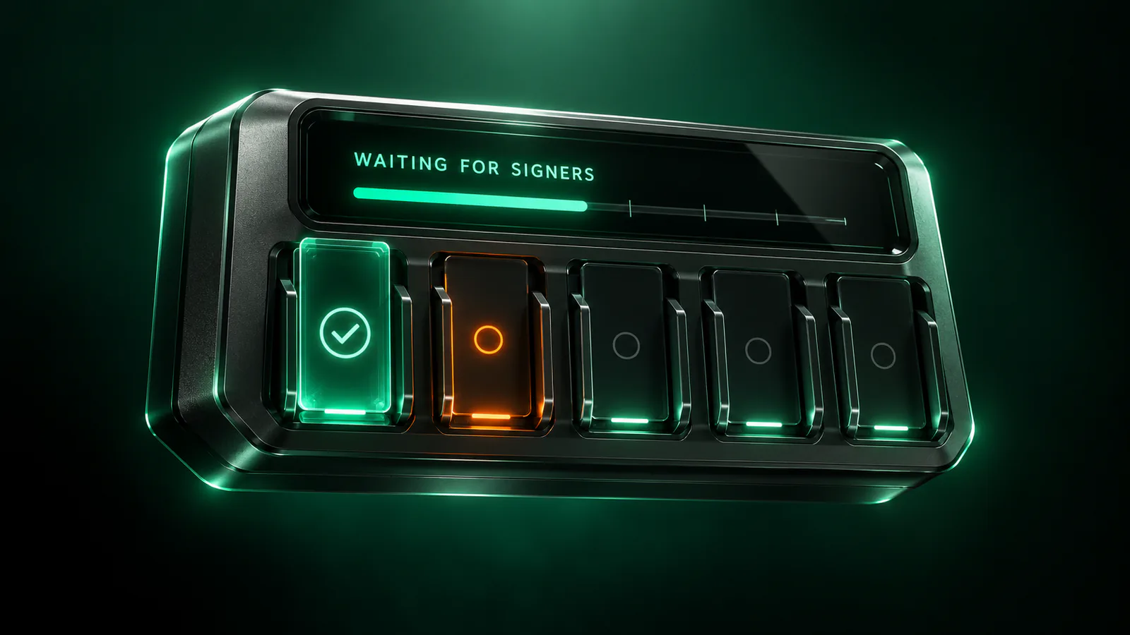 Graphite terminal with key slots: the first signed in mint, the rest waiting; half-full bar, WAITING FOR SIGNERS