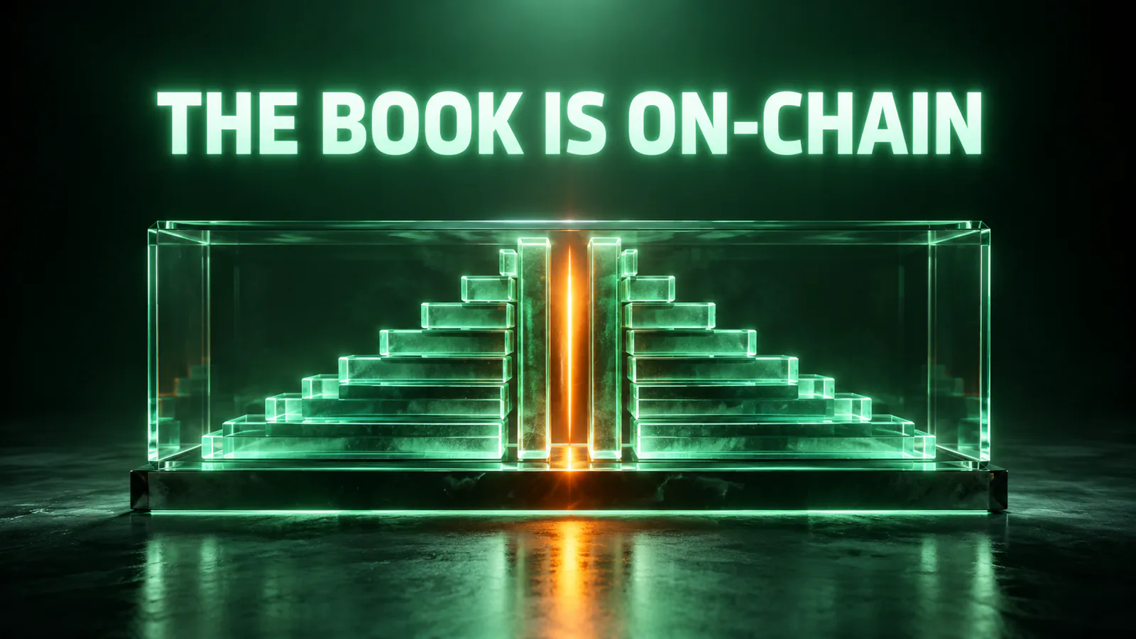 Two glass stair-step stacks split by a glowing orange line under the glowing words THE BOOK IS ON-CHAIN