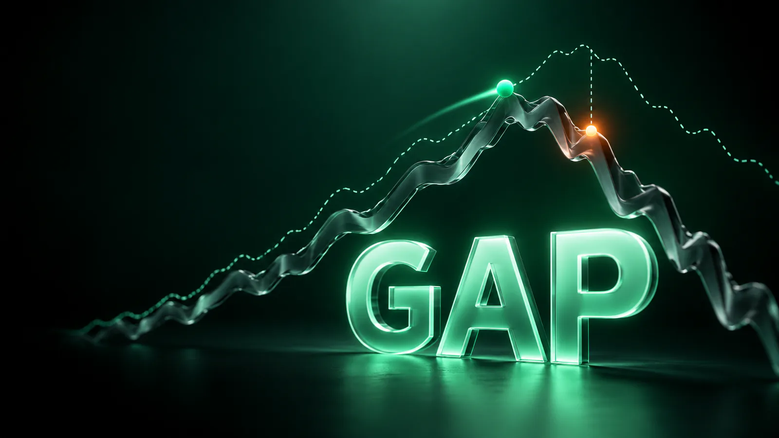 Glass price curve with a green dot at the peak and an orange dot lower down, above the word GAP