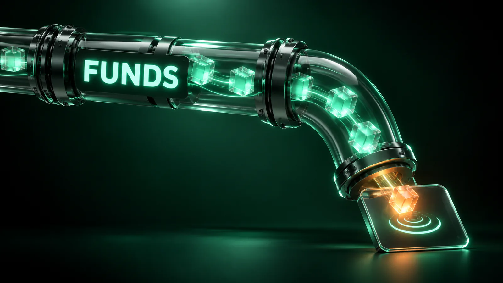 Glass pipe carrying green cubes, labeled FUNDS, ends at a glass plate where an orange cube lands