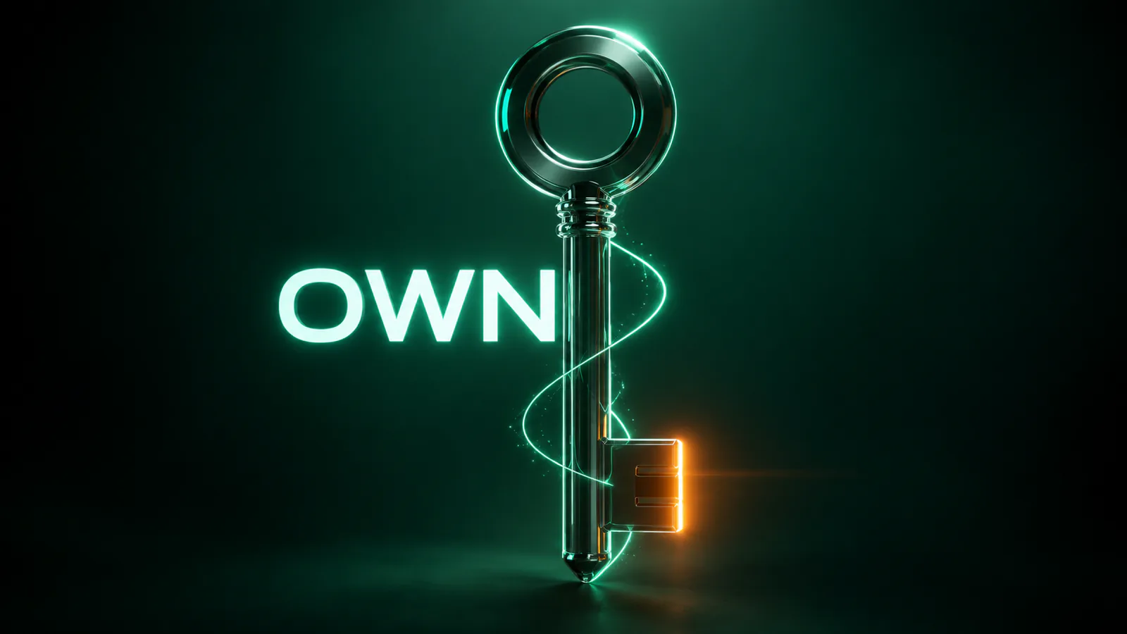 Glass key with a glowing green line wound round its shaft and an orange glowing bit, next to the word OWN